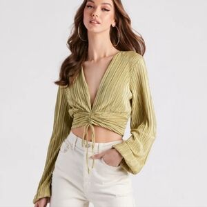 Windsor Pleated Long Sleeve Crop Top NWT